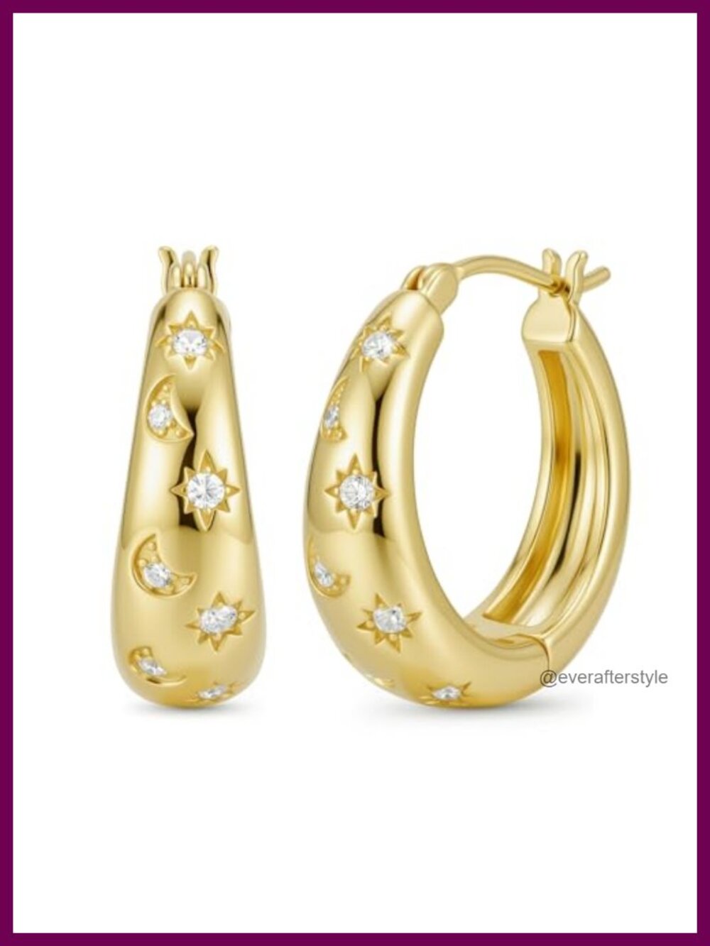 14K Gold Plated Moon Star Huggie Hoop Earrings Chunky Celestial Jewelry